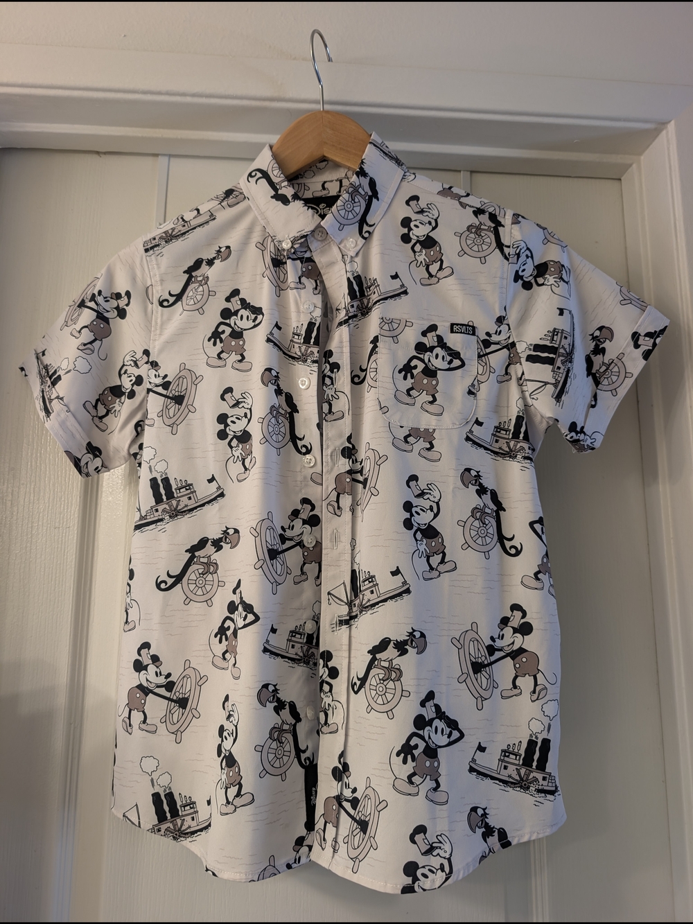 RSVLTS Youth White and Black Mickey Mouse Short-Sleeve Button-Down Shirt